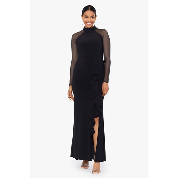 Betsy & Adam Illusion Mesh Long Sleeve Scuba Gown 14 $249 Gala Formal Event - Picture 1 of 11